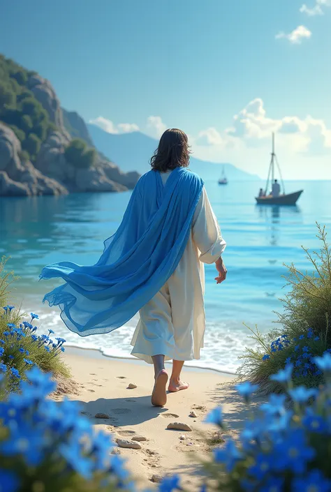 Jesus in blue scarf walking on sea shore , sand bush flowers, blue sky, abstract background, fishermen catching fish in sea