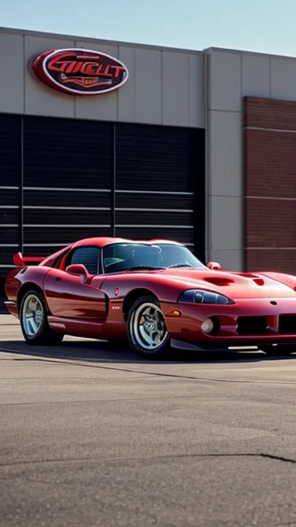 A 1992 Dodge Viper RT/10 in a cinematic scene, featured in a movie set, surrounded by fans and cars. It should have a heroic aura, positioned in front of a large crowd, symbolizing its cultural impact and status as an icon of American automotive muscle