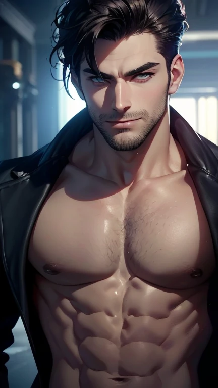 (best quality,4k,8k,highres,masterpiece:1.2),ultra-detailed,(realistic,photorealistic,photo-realistic:1.37),30 year old man,3 day beard,handsome anime,portraits,strong,masculine,dark hair,sharp jawline,mesmerizing eyes,perfectly styled hair,cool anime outf...