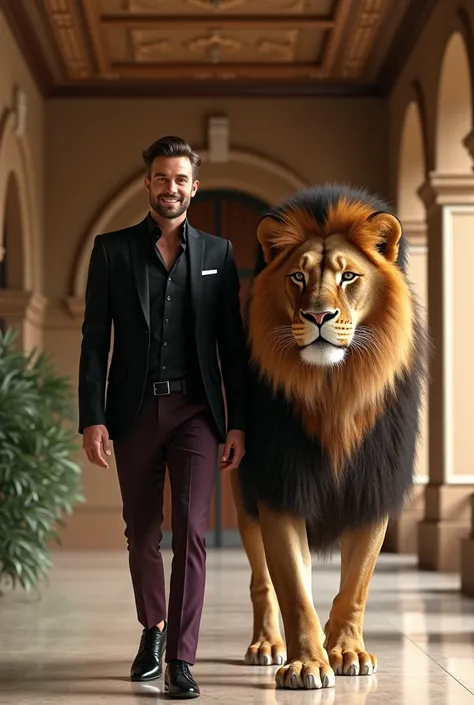 a man wearing a black jazz blazer dark purple blazer long purple pants smiling facing the camera standing strapping looks up legs are walking beside the man there is a giant lion and facing directly at the camera , the lion is much larger than usual  ,lion...