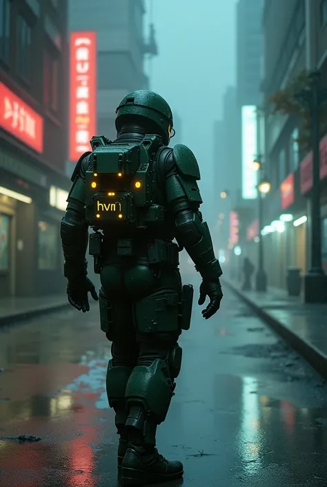  sci fi, depressive city night, soldier with gun in dark green high tech heavy armor with yellow glowing elements and with letters "HVM" written on the shoulder