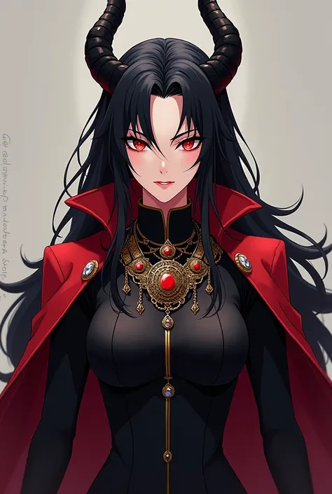 Demon woman anime drawing .  Black hair and red eyes . Black horns and nothing more!!!!!!!!!!
 clothes : 
 A black suit that fits the whole body .  With a red cardigan over it .  Decorated with chains and encrusted with precious stones .  clothes  должна б...