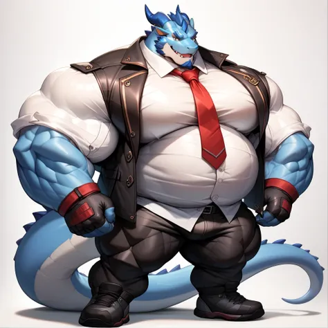 a anthropomorphic blue dragon with a big giant musclegut tall wide body with big fat belly using black jacket suit, white shirt, red tie, black pants, and black gloves. Full body, standing still, solo, very big, very tall, very wide, very muscular, very fa...