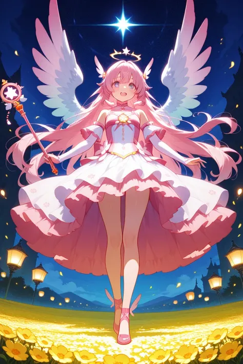 In a dreamlike magical world, a magical girl with pink long hair and wings stands in a sea of flowers. She held a wand, surrounded by glowing elves, and flowers bloomed as she danced. Colorful balloons and lanterns float in the sky, and in the distance is ...