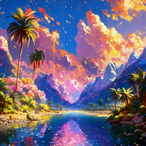 An enchanting scenery reveals itself, where an oasis of palm trees stretches along a serene river, framed by majestic mountains . The soothing colors of the sunset paint the sky with shades of pink and orange,  in perfect harmony with Genesis chapter 38. a...