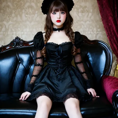 Baroque,  Gothic Lolita  , cute, 1girl,  solo , whole body, Black Sofa,  black dress , 超 High Resolution , white lace,  High Resolution ,  Super Detailed , Highest detail, red lips