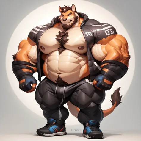 a anthropomorphic wolf with a big giant musclegut tall wide body with big fat belly using jacket, black pants, and black gloves. Full body, standing still, solo, very big, very tall, very wide, very muscular, very fat, big belly, Fat Chubby, large biceps, ...