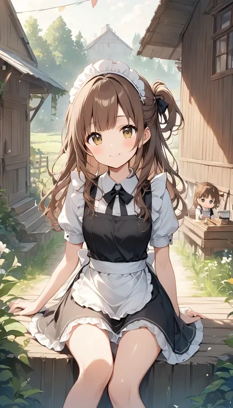  girl、White Toso 、Guided hair 、Beautiful Hair、 he stares at me with a strange expression.cute、outside、 shy front 、village、Wooden House、 girl、 has a nice smile、(Panties visible )、Work in the fields、((Hairstyle half up))、Bangs up、sit、 Innocent Smiles 、Brown ...