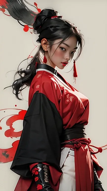 reddish theme, female samurai, hand drawn, traditional art, sketch style, black and white with some red, large sun background