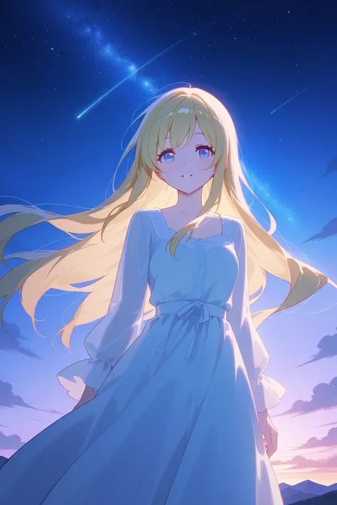 Under the dazzling starry sky, an anime girl stands quietly on the mountaintop, wearing a flowing white long dress and her long hair fluttering gently in the wind. The starlight shone on her, casting a silver glow on her. Her gaze was deep and gentle, as i...