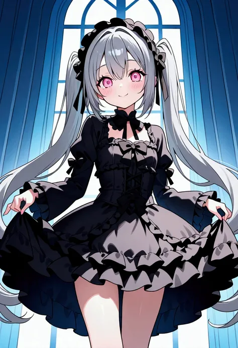  one girl、 petite body 、Gray Hair、 twin tail hair、 pink eyes、Droopy eyes、 smiles、 Gothic Lolita Dress、 Highest Masterpiece。