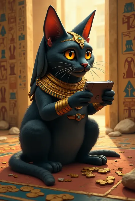 Bastet Egyptian cat playing video games 
