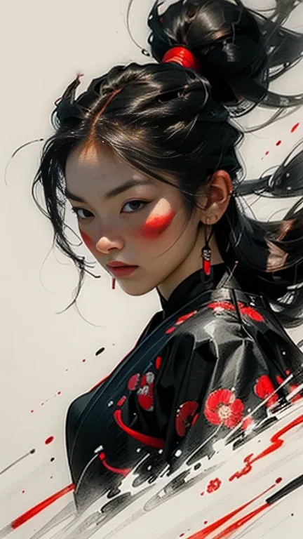 reddish theme, female samurai, hand drawn, traditional art, pencil sketch, black and white with some red, large sun background