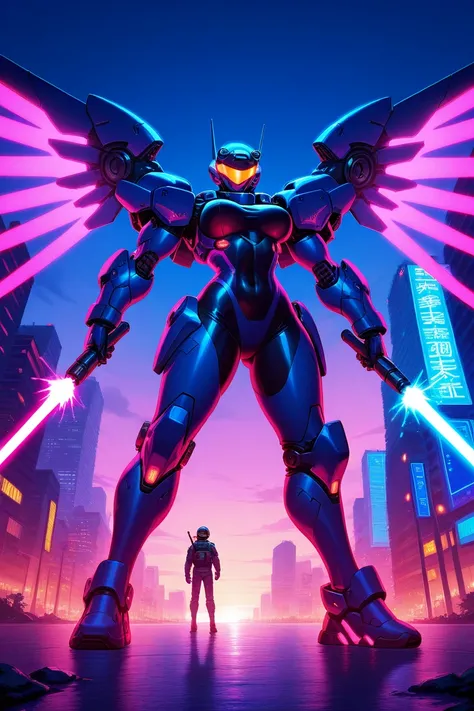 In the future city, an anime warrior wearing a high-tech combat suit, holding a laser sword, stands at the top of high-rise buildings. He was wearing a silver tight combat suit, black goggles on his head, and a pair of huge mechanical wings behind him. The...