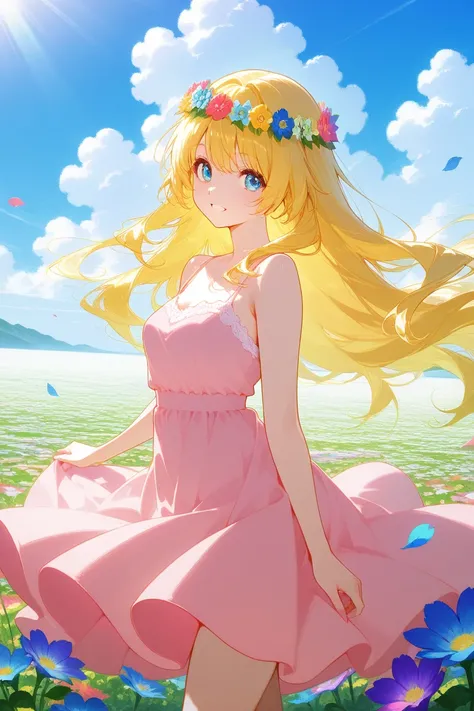 In a dazzling sea of flowers, an anime girl dances gracefully and lightly. She was wearing a pink dress, a flower wreath on her head, and her long hair fluttered in the wind. The flowers bloomed beside her, emitting a charming fragrance. Sunlight shines th...