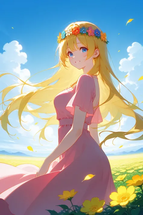 In a dazzling sea of flowers, an anime girl dances gracefully and lightly. She was wearing a pink dress, a flower wreath on her head, and her long hair fluttered in the wind. The flowers bloomed beside her, emitting a charming fragrance. Sunlight shines th...