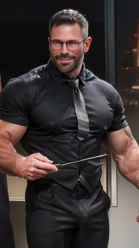 An award-winning original photo，A wild muscular man, (40 years old daddy:1.1), 1boy, Solo, (grey suit), (black trouser), (black dress shirt), (grey necktie), (big shoulders), musculature, stubbles, Short beard, Beautiful eyes:1.3, ), (Detailed face:1.3), w...