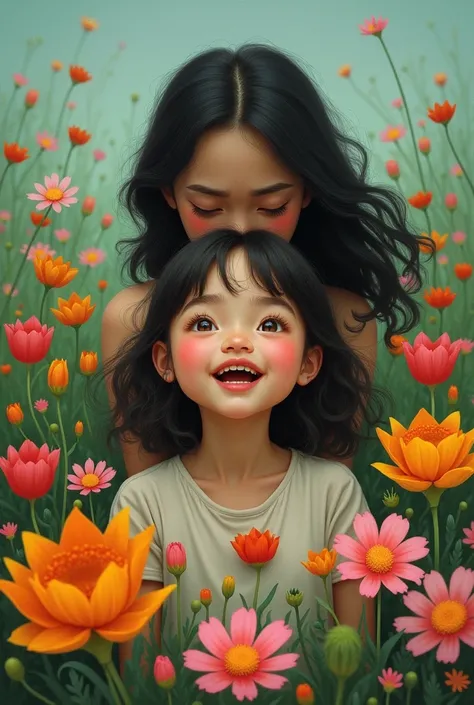 Create a two girl in one frame is a girl  who is very happy around her there are flowers and the another girl who is adult crying mess but without faces