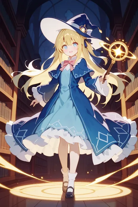 In a spacious and bright library, an anime girl is engrossed in flipping through magic books. She was wearing a blue dress, a magic hat, and holding a magic wand in her hand. The library lights shone on her, creating a warm light and shadow effect. The boo...