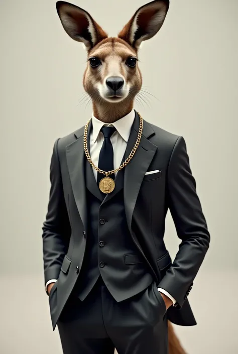 A kangaroo with an elegant suit and a gold chain 