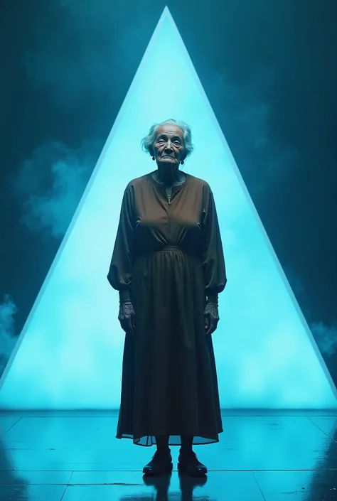 An elderly woman stands full-length on a futuristic stage, illuminated by bright blue lighting. The woman is wearing a brown dress. Behind her, a large, shiny triangular structure with sharp edges and an ethereal aura adds depth and modernity to the scene....