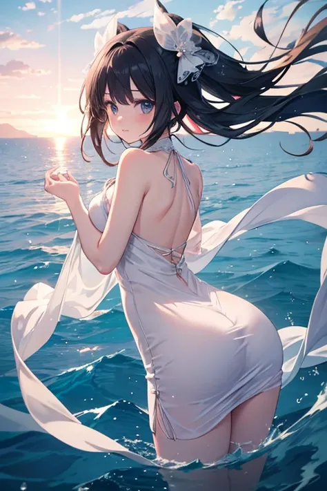  An anime girl with long and silky black hair , she wears a short white dress decorated with thin strips of white transparent silk, she floats on the sea surface  ,among the vast sea of ass , Anime 8K 