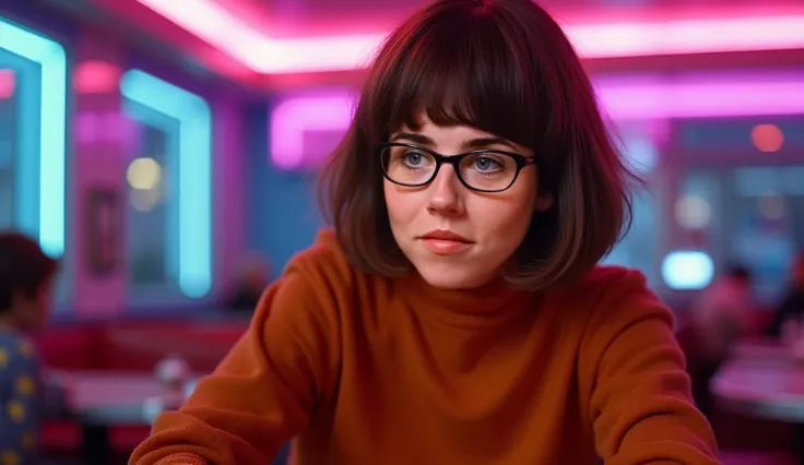 Linda Cardellini as Velma Dinkley, wearing modern turtleneck orange sweater with large sleeves, red pleated mini skirt, freckles, 60s brown bob hair, cinematic, frustrated and sad, medium boobs kind of chubby, in her early 20s, very cinematic, cinematic, v...