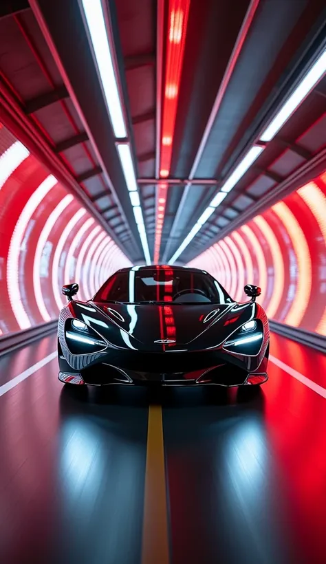 The black McLaren 720S barrels through a high-tech tunnel glowing with dynamic red and white LED panels. The tunnel walls blur as the car reaches exhilarating speeds, its aerodynamic form cutting through the confined space with ease. The McLaren’s engine r...