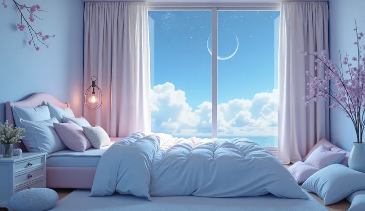 A room with a motif of the moon、Outside the window is a starry sky、