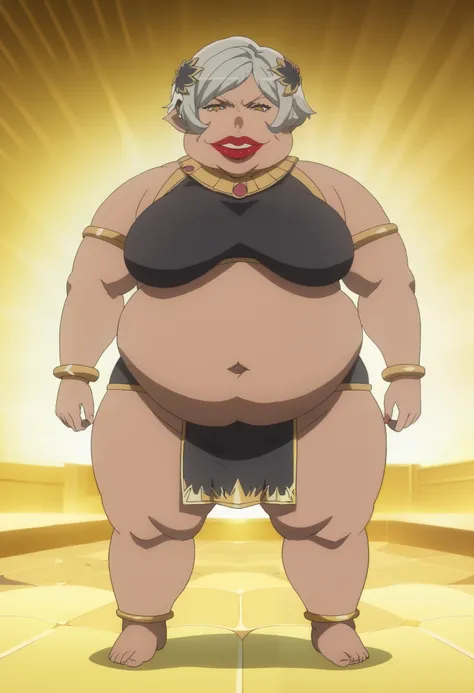 Girl becoming a monster, becoming a troll, fat, chubby, obese, fabric clothes, loincloth, big ears, big nose, big lips, 900 pounds, 10 ft tall, hunchback, broad shoulders, big belly, gigantic arms and legs, Phryne Jamil, brown body, red lips, gold eyes, bl...