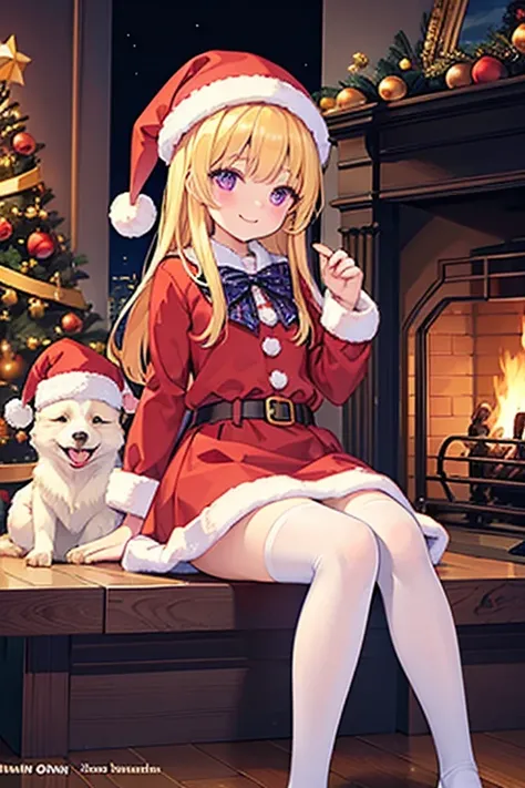 (( top quality)),( Resplendent), (  Details),  1 girl， Christmas tree，Fireplace by the wall，indoor，Sleeping dog，See dogs ，Blonde，Santa hat，Petite， smiles，White tights， skirt，night， purple eyes