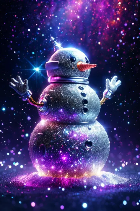  space snowman made of stardust, glitter, bright sparkles , Shine