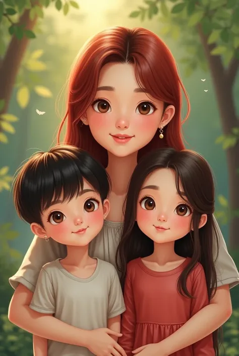 Mother of 45 years old Chinese hair color red brown eyes accompanied by an 18-year-old teenager of straight hair brown hair and a 15-year-old teenager with long Chinese hair color black eyes brown eyes 