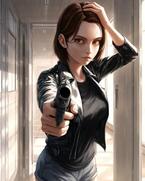  realistic skin,1 ,close-up,shortening, fish-eye lens ,vtuber , brown hair ,Purple smacks , brown eyes , holding the gun sideways , pointing a gun at the spectator, medium breasts, leather jacket,black shirt,shorts dolphin azul, looking at the naked specta...