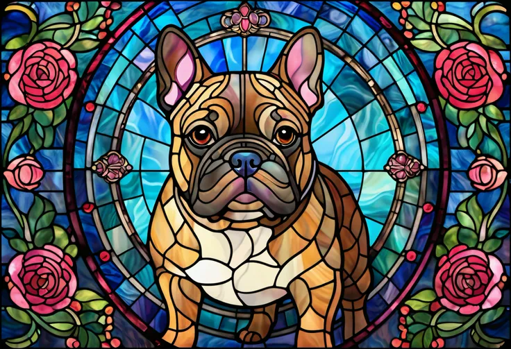  rose and stained glass dog close-up, ベンチョ・オブレシュコフVector art by  ,  Shutterstock, Art Nouveau, French Bulldog,  stained glass art ,  Maxim Verehin stained glass ,  Stained Glass Style ,  Vector art by  ,  super detailed color art , Masterpiece stained glas...