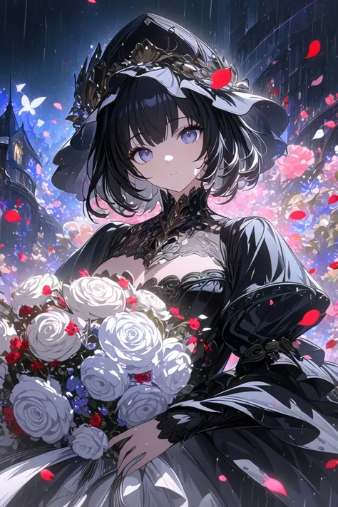 1girl,,face not visible,black Gothic dress,black hat,white bouquet,(holding white bouquet),standing,front,(black petals flying in profusion),Rain of petals,many petals,innumerable petals,petals floating in the air,Art Deco,Color Field painting,rococo style...