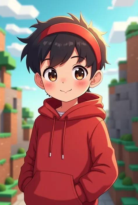  makes an image like ,  Cute anime boy character wearing  (red hoodie )  wearing a red headband (red hoodie )  Minecraft animation background  