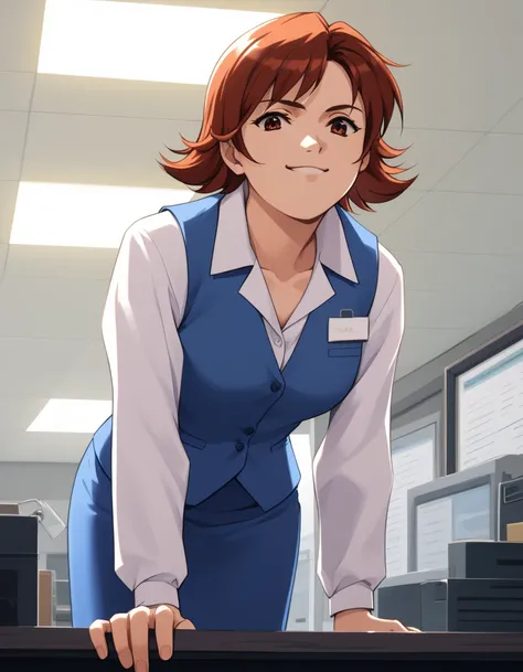  score_9,  score_8_up,  score_7_up, Suehiro, Blue vest,  dress shirt,  blue skirt
1 girl, Alone,  Leaning Forward ,  smirking , machine,  office, ceiling light