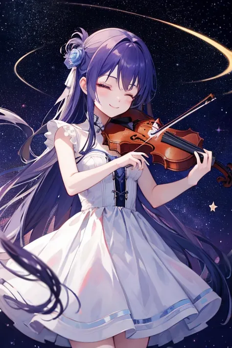  A starry scene ,the galaxy  ,universe,sao băng ,a , plays the violin passionately ,eyes closed,smile , wearing a colorful dress in starlight tones, surrounded her by little stars  ,Audience