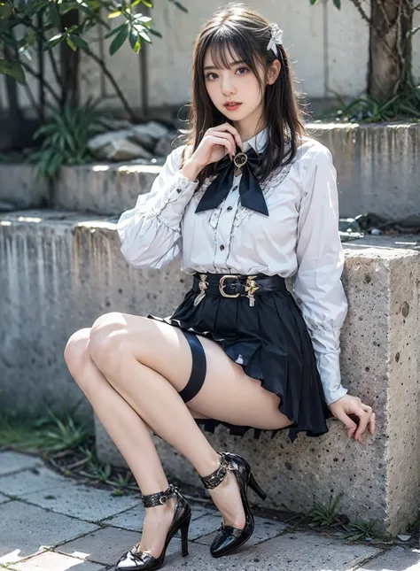 jirai kei costume,jirai kei,shirt,skirt,frilled shirt,frills,lace,lace trim,shoulder cutout,bow,bowtie,belt,buckle,ribbon,jewelry, jirai kei attire, jirai kei, black thighhighs, high heels,