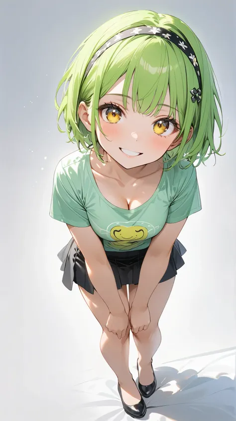 full body display ,semi realistic, Masterpiece, Master work, perfect , 4k, 1girl, young girl, mature body, medium size breast, short hair, middle parted hair style, showing forehead, wearing headband, neon green colored hair, yellow eyes, happy expression ...