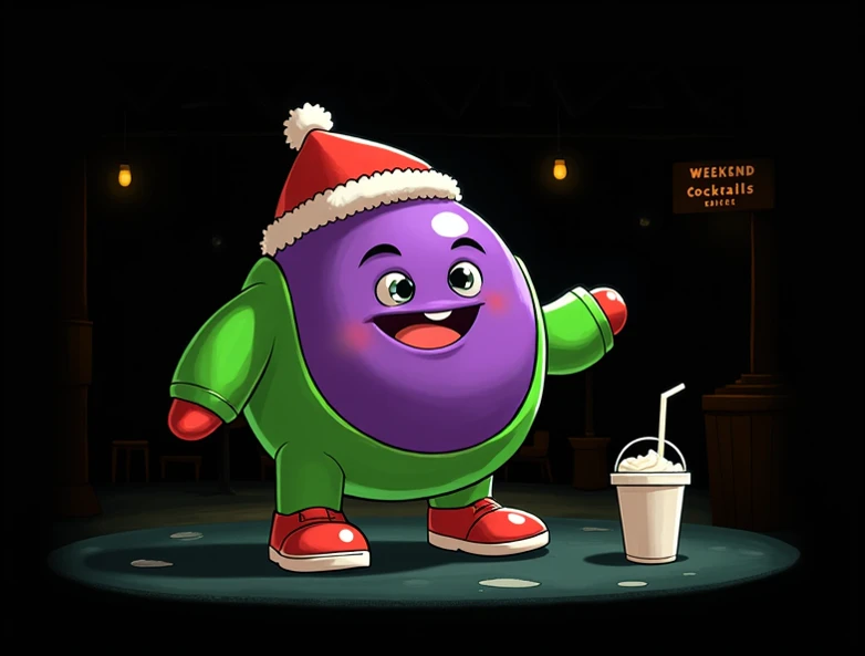 Bob-omb in a circular shape color purple, green Christmas clothing , red Christmas hat  ,  with red sneakers brand Nike ,  drinking slushipped cocktail and in a white icopor glass,  with the name of the establishment called WEEKEND cocktails