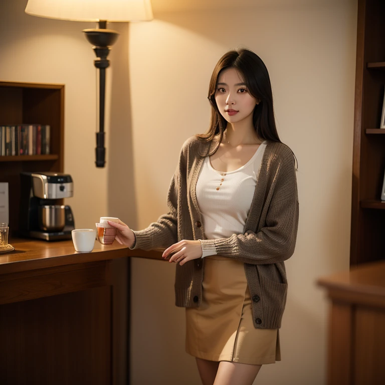 A beautiful Asian woman in a cardigan and skirt. She stands sideways to the viewer,She has a relaxed pose, holding a cup of coffee
 in her hand. The scene is a dimly lit room, the focus is on the model.
