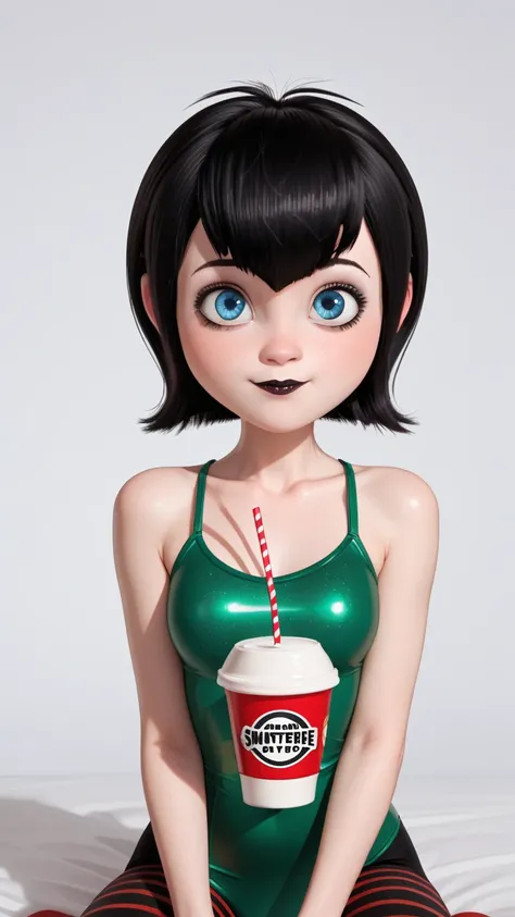 (  masterpiece ), ( best quality), (super detailed), ( short black hair), ( similar to Mavis , Hotel Transylvania), (1 )) ( Blue Eyes) , ((((green swimsuit)),Hanfu, ( looking at the audience, (interview), ( simple background ),  pretty and delicate eyes,  ...