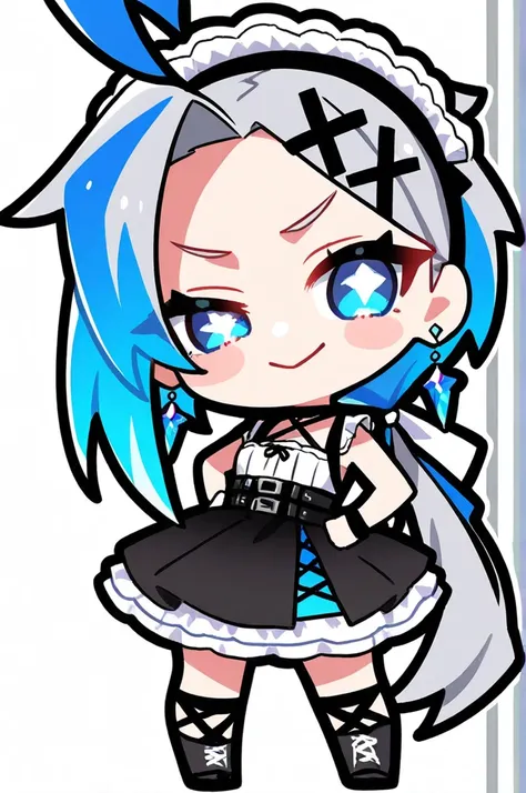  1 girl, whole body,  Chibi,  standing, Thick outline, best quality
shortcuts, Ahoge, Grey Hair,  Cover one eye with hair,   silver-haired,   Low Ponytail  ,   asymmetrical hairstyle ,  Disheveled Hair、 Crystal Earrings , x shaped hair ornament, punk lolit...