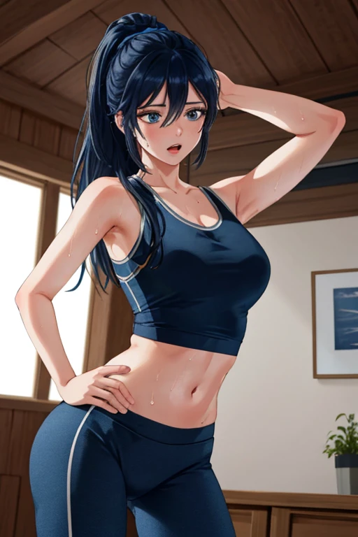 A young woman with a tired expression, wearing a dark blue tank top and blue yoga pants, hands on her hips, mouth open, out of breath, (best quality,4k,8k,highres,masterpiece:1.2),ultra-detailed,(realistic,photorealistic,photo-realistic:1.37),1girl, detail...