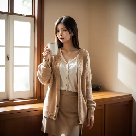 A beautiful Asian woman in a blouse, cardigan and skirt. She stands sideways to the viewer,She has a relaxed pose, holding a cup of coffee
 in her hand. The scene is a dimly lit room, the focus is on the model.
