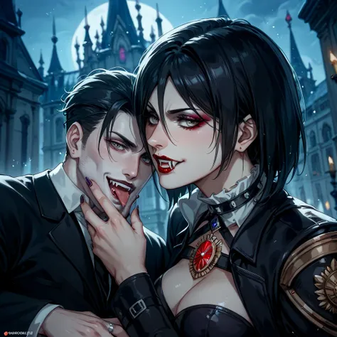 (( top quality)), ((masterpiece)), ( Details), （ perfect face）、 Countess Draculas woman is a dark-haired Mikasa Ackerman, wears a gorgeous black dress by Countess Dracula, snuggles up with pale skin and fangs outdoors at night、Mikasa Ackerman is suckered b...