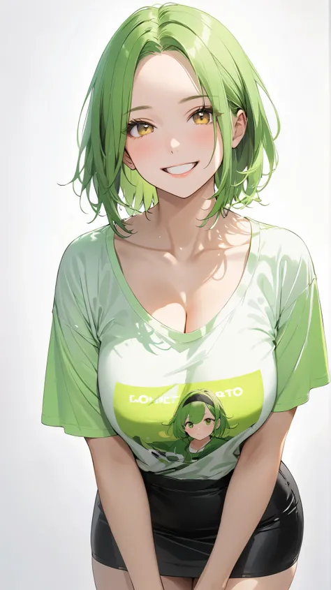 full body display ,semi realistic, Masterpiece, Master work, perfect , 4k, 1girl, young girl, mature body, medium size breast, short hair, middle parted hair style, showing forehead, wearing headband, neon green colored hair, yellow eyes, happy expression ...