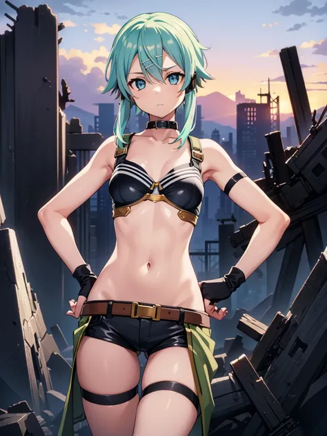 (masterpiece), best quality, expressive eyes, perfect face, highres, sinon1, fingerless gloves, wearing bra and panties, short shorts, hair ornament, hairclip, , thigh strap, hands on hip, field, ruins background, standing, cowboy shot, looking at the view...